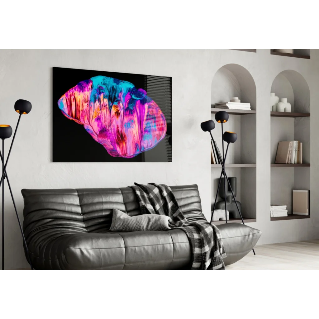 Vibrant glowing iridescent shell in pink blue purple on black glass wall art