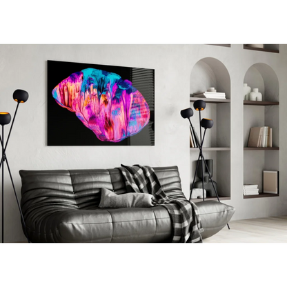 Vibrant glowing iridescent shell in pink blue purple on black glass wall art