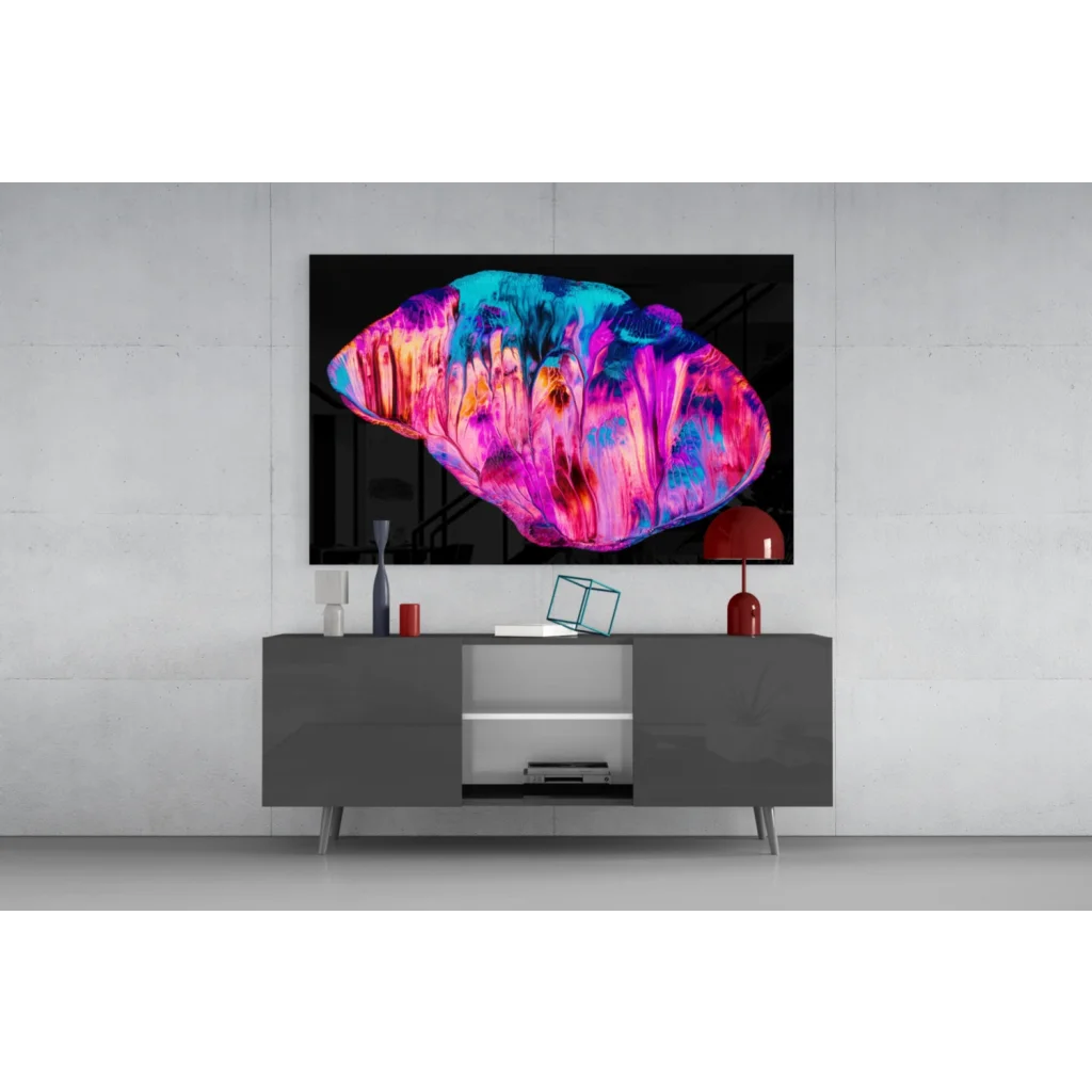 Vibrant swirling cosmic glass wall art in pink, blue, purple hues on black frame