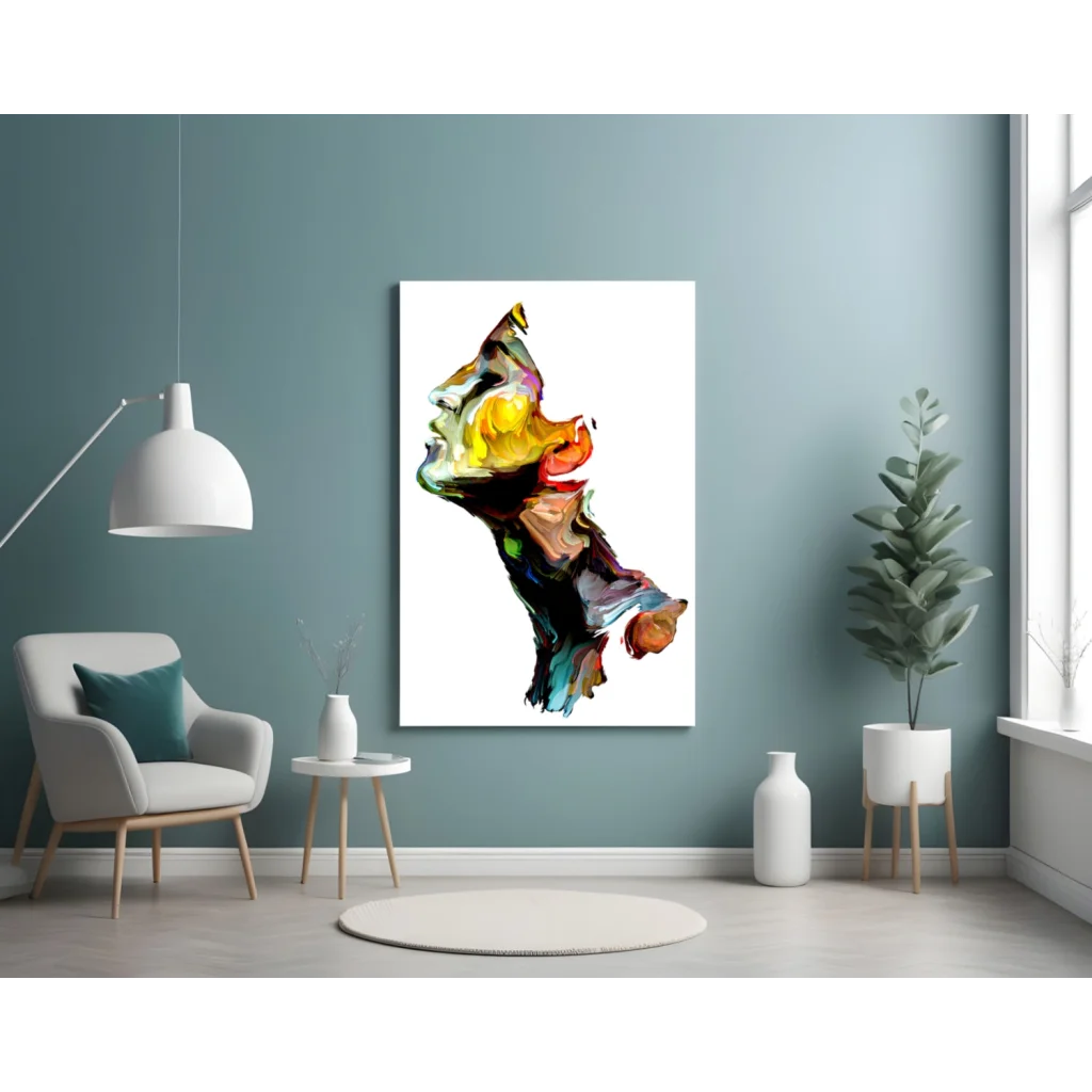 Vibrant swirling color portrait canvas wall art with stylized face