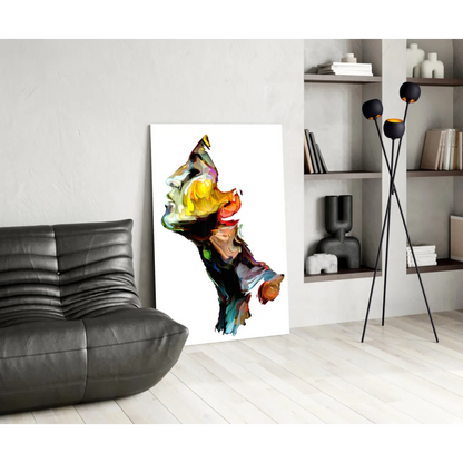 Vibrant swirling color portrait canvas wall art with stylized face