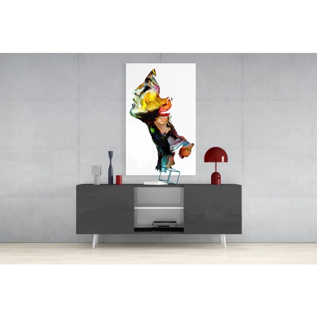 Vibrant swirling color portrait canvas wall art with bold yellow, orange, black, teal strokes