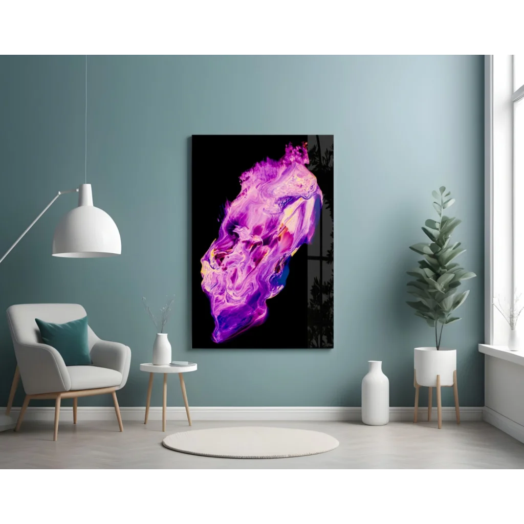 Glowing purple skull glass wall art with neon pink swirls
