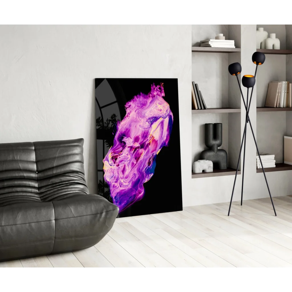 Vibrant purple pink glass wall art with glowing skull and neon swirls