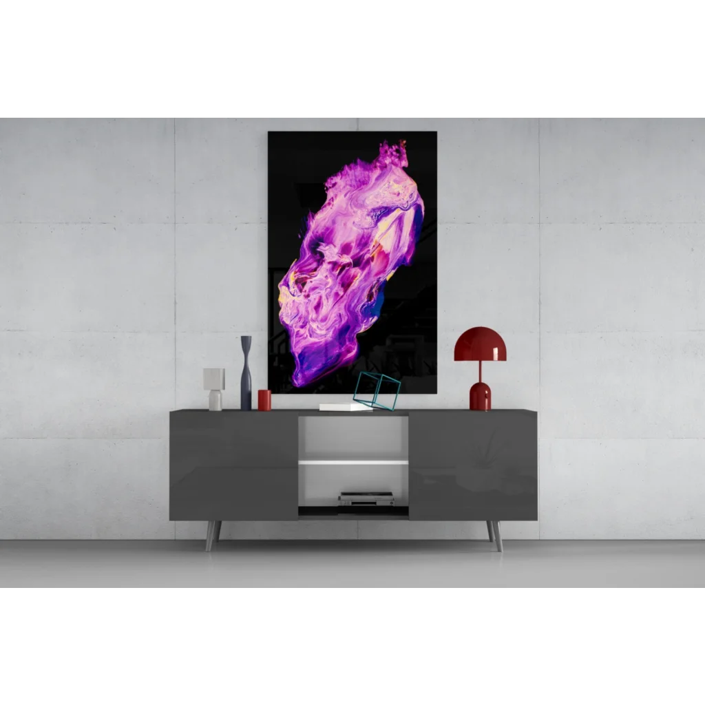 Vibrant purple and pink glass wall art with neon skull and swirling patterns