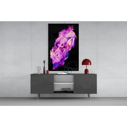 Vibrant purple and pink glass wall art with neon skull and swirling patterns