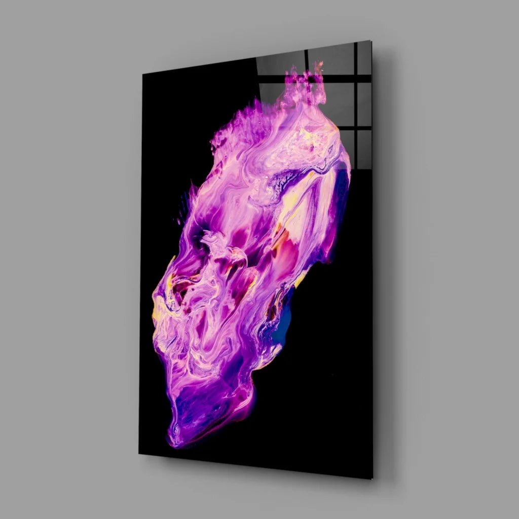 Vibrant purple skull glass wall art with neon pink swirls on black acrylic