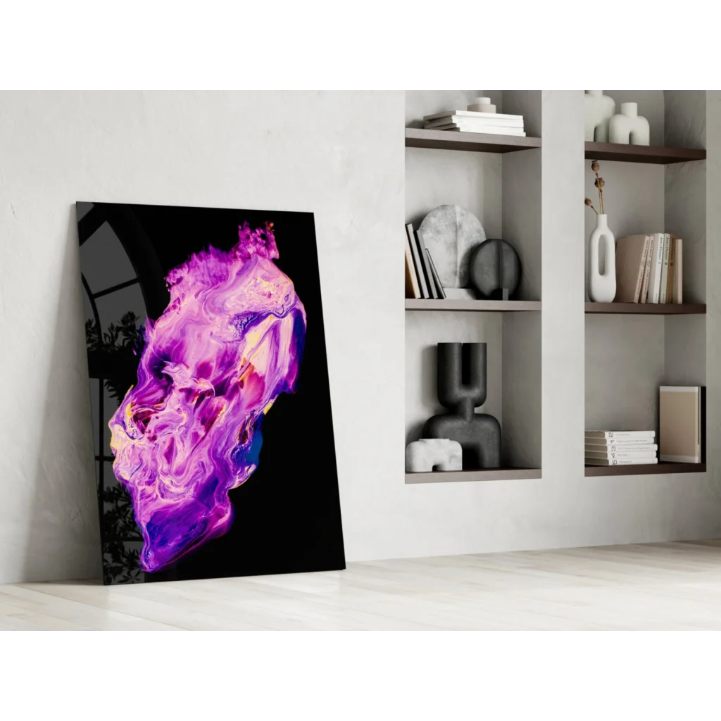 Vibrant purple skull glass wall art with neon pink swirls on black