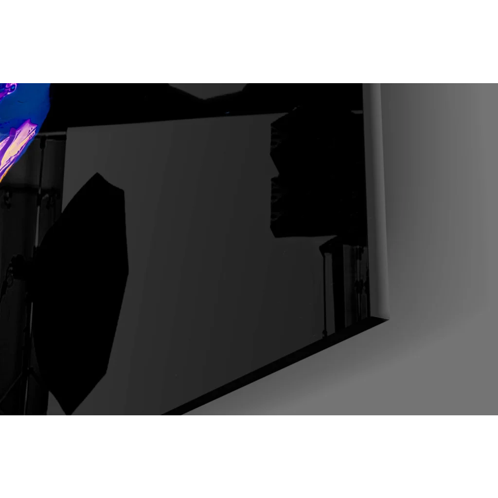 Glowing purple skull glass wall art with neon pink swirls and black octagonal softbox light diffuser