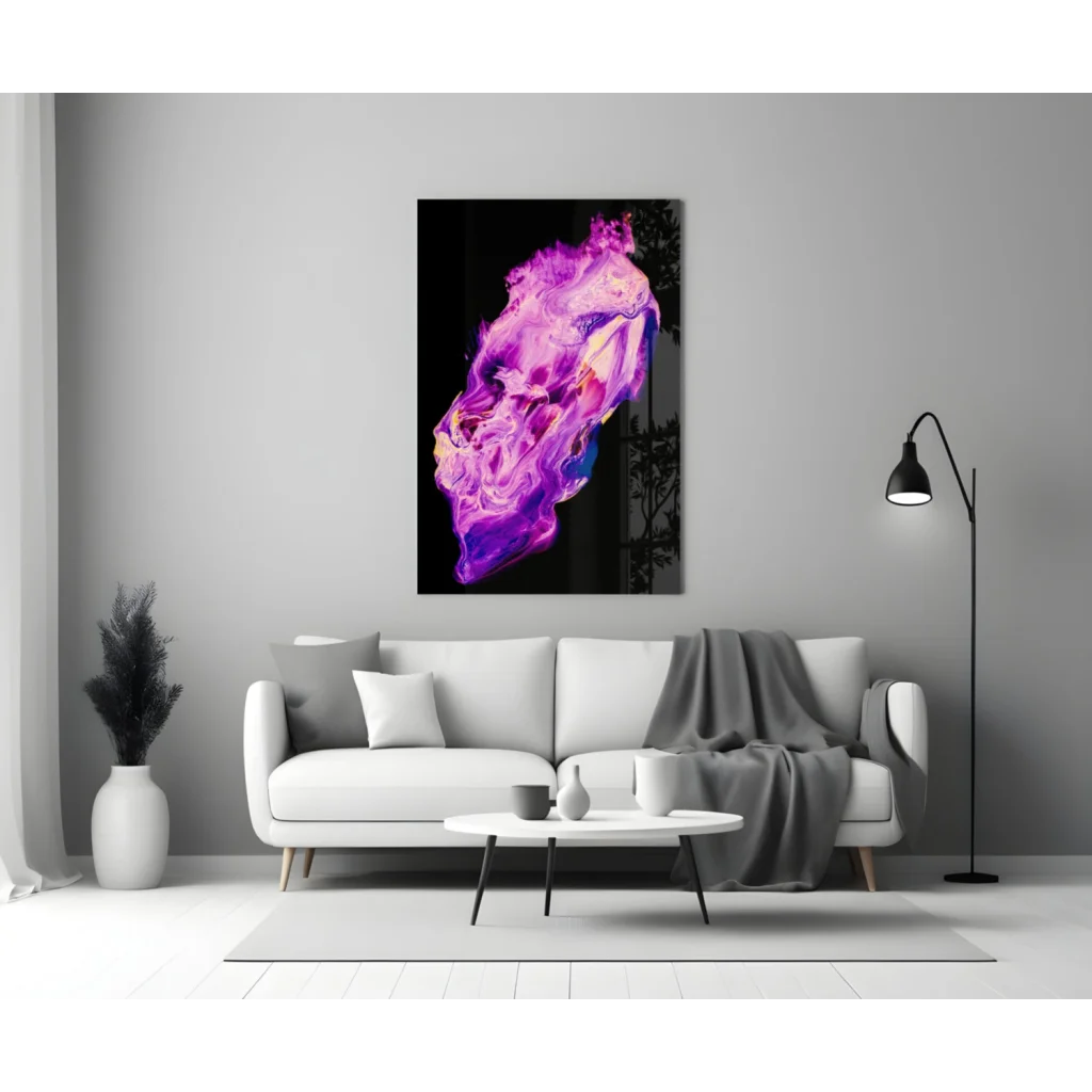 Vibrant glowing purple skull glass wall art with neon pink swirls