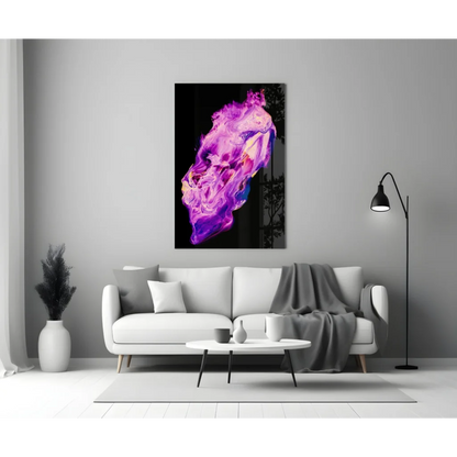 Vibrant glowing purple skull glass wall art with neon pink swirls
