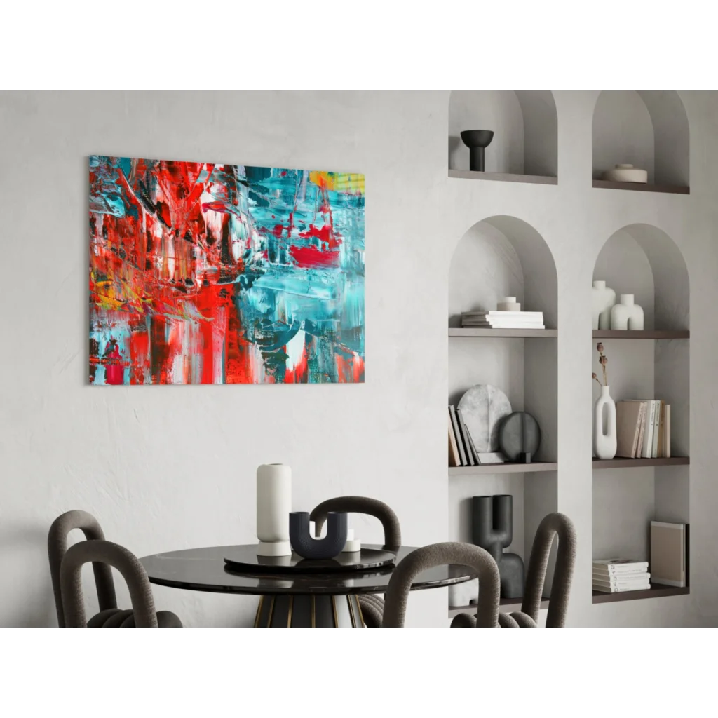 Vibrant abstract tempered glass wall art with bold red, teal, white reflections