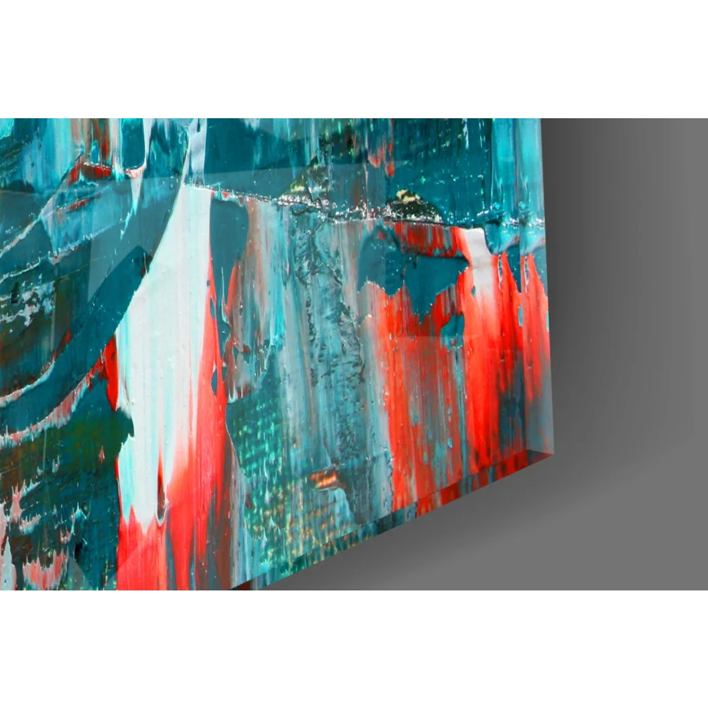 Stunning tempered glass wall art with abstract teal, red, white reflections