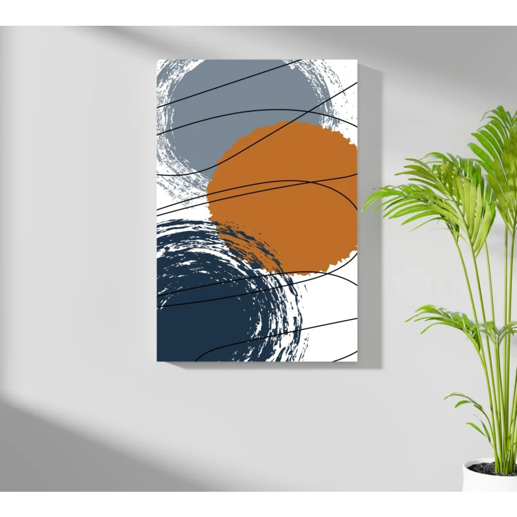 Bold abstract Insigne aluminum prints in orange, navy, and gray circles on white