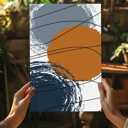 Bold abstract Insigne aluminum prints in orange navy gray