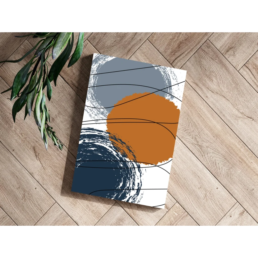 Bold abstract Insigne aluminum prints in orange, navy, gray