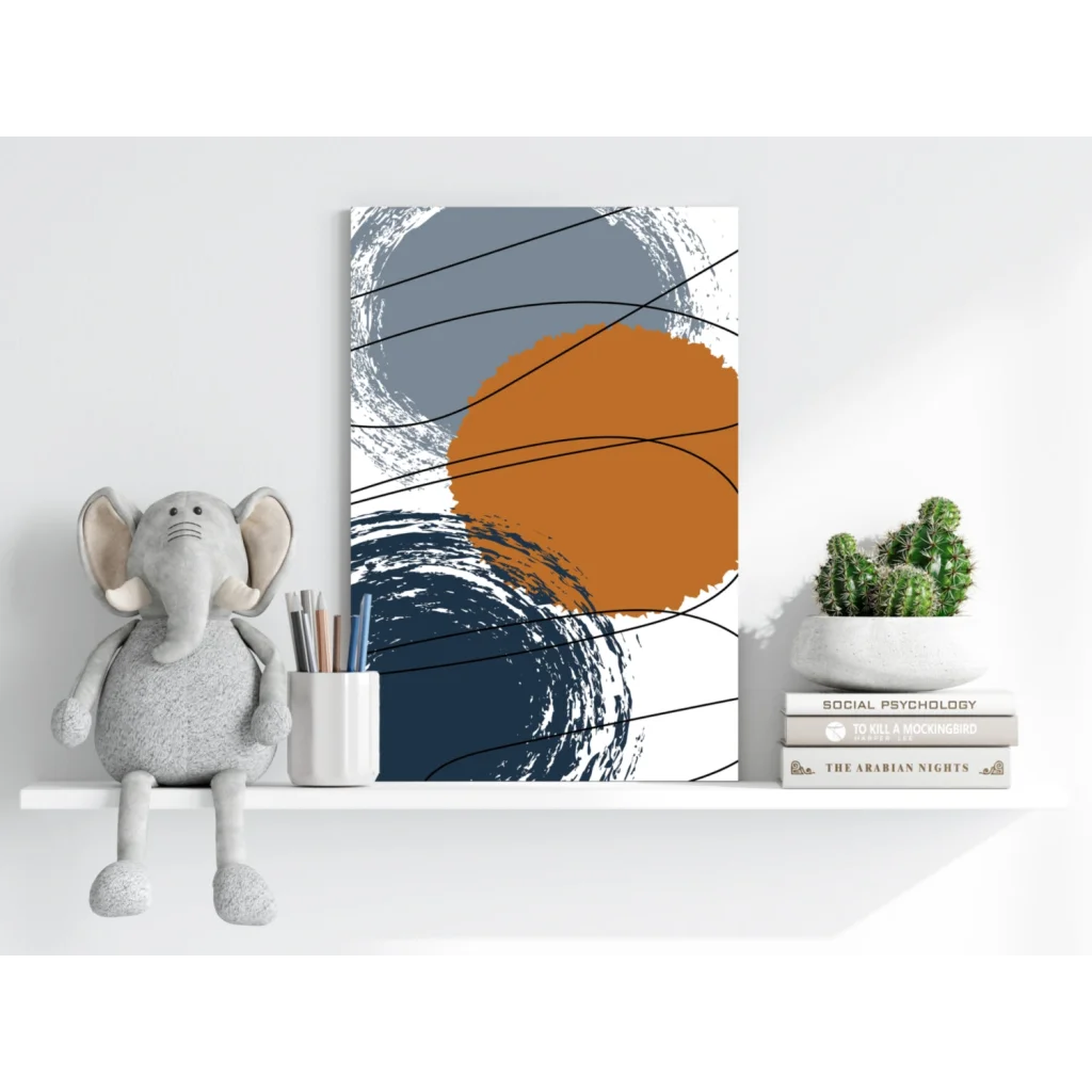 Bold abstract Insigne aluminum prints in orange, navy, and gray
