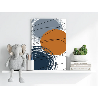 Bold abstract Insigne aluminum prints in orange, navy, and gray