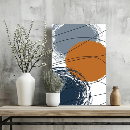 Bold abstract Insigne aluminum prints in orange, navy, and gray