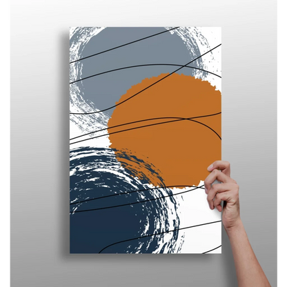 Bold abstract Insigne aluminum prints in orange, navy, and gray