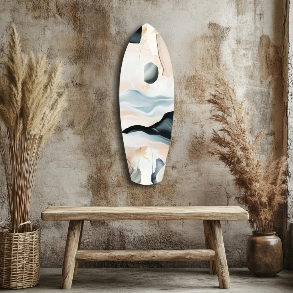 Stunning surfboard tempered glass art with pastel waves