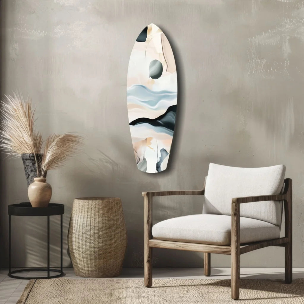 Stunning tempered glass art of surfboard with pastel waves