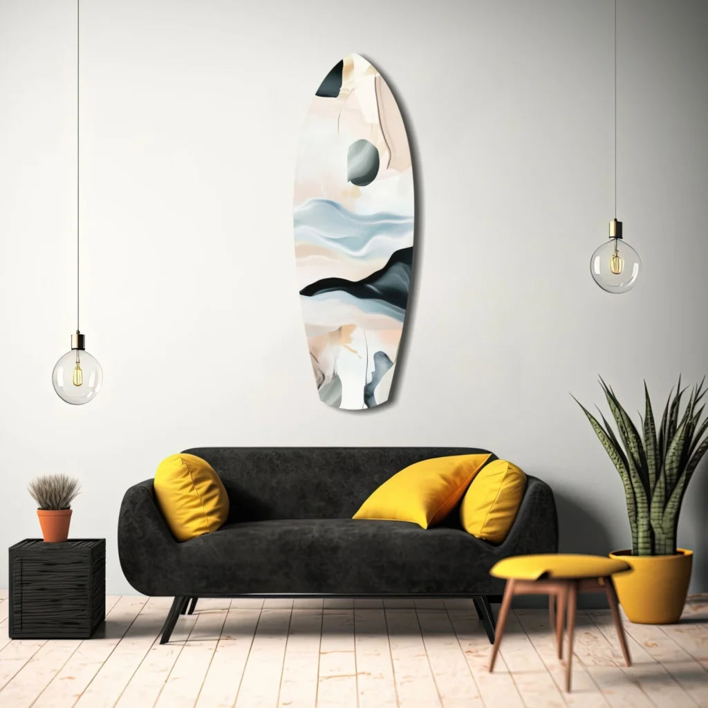 Stunning surfboard tempered glass art with pastel waves