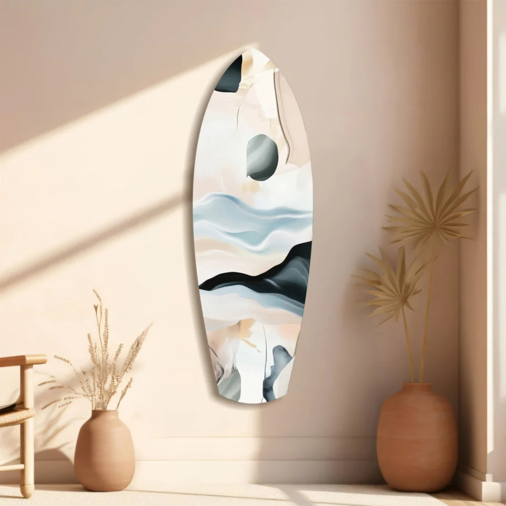Sleek surfboard tempered glass art with pastel waves in blues and grays