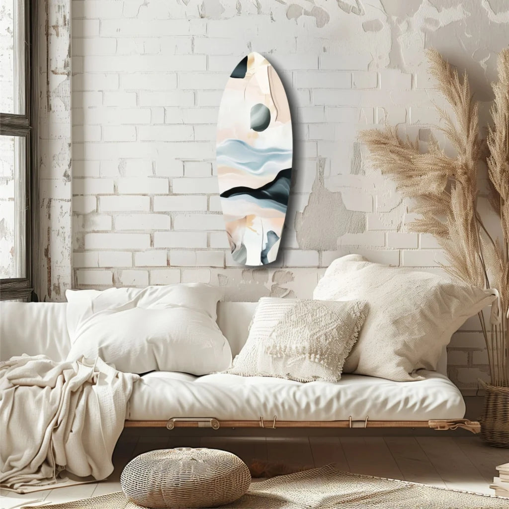 Sleek tempered glass art surfboard with pastel peach blue waves