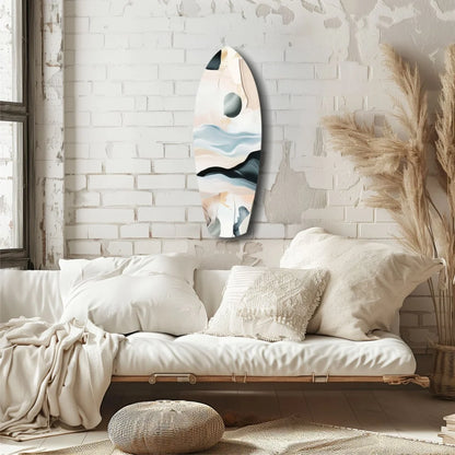 Sleek tempered glass art surfboard with pastel peach blue waves
