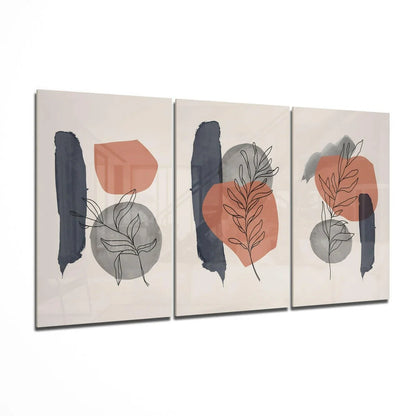 Modern glass wall art panels with minimalist botanical line drawings on cream background, accented by muted terracotta and slate gray geometric shapes