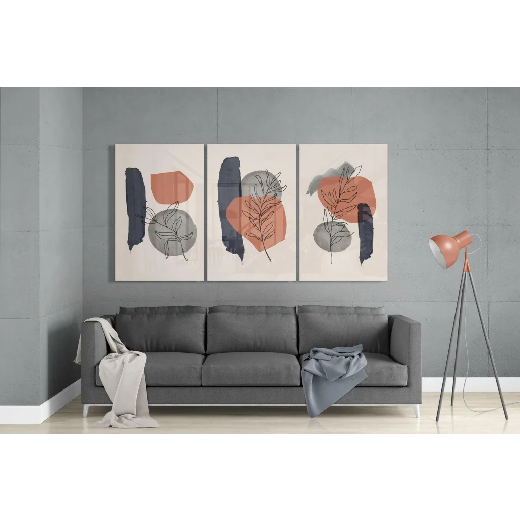 Stunning glass wall art with minimalist botanical line art and geometric shapes