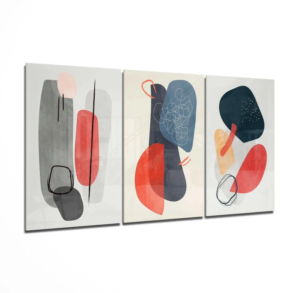 Bold abstract glass wall art set of three modern panels in red, gray, black, blue