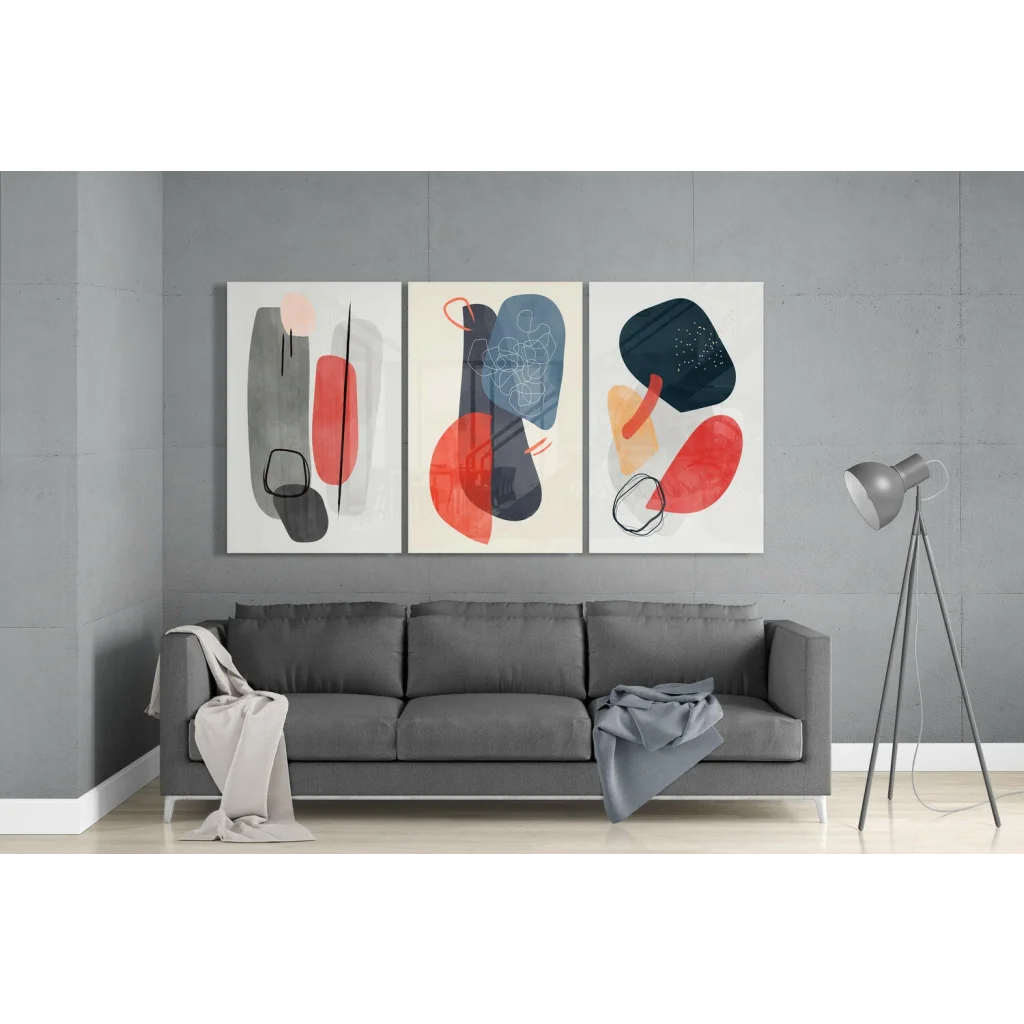 Bold abstract wall art set of three modern canvas panels with red, blue, gray geometric shapes