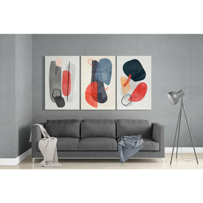 Bold abstract wall art set of three modern canvas panels with red, blue, gray geometric shapes