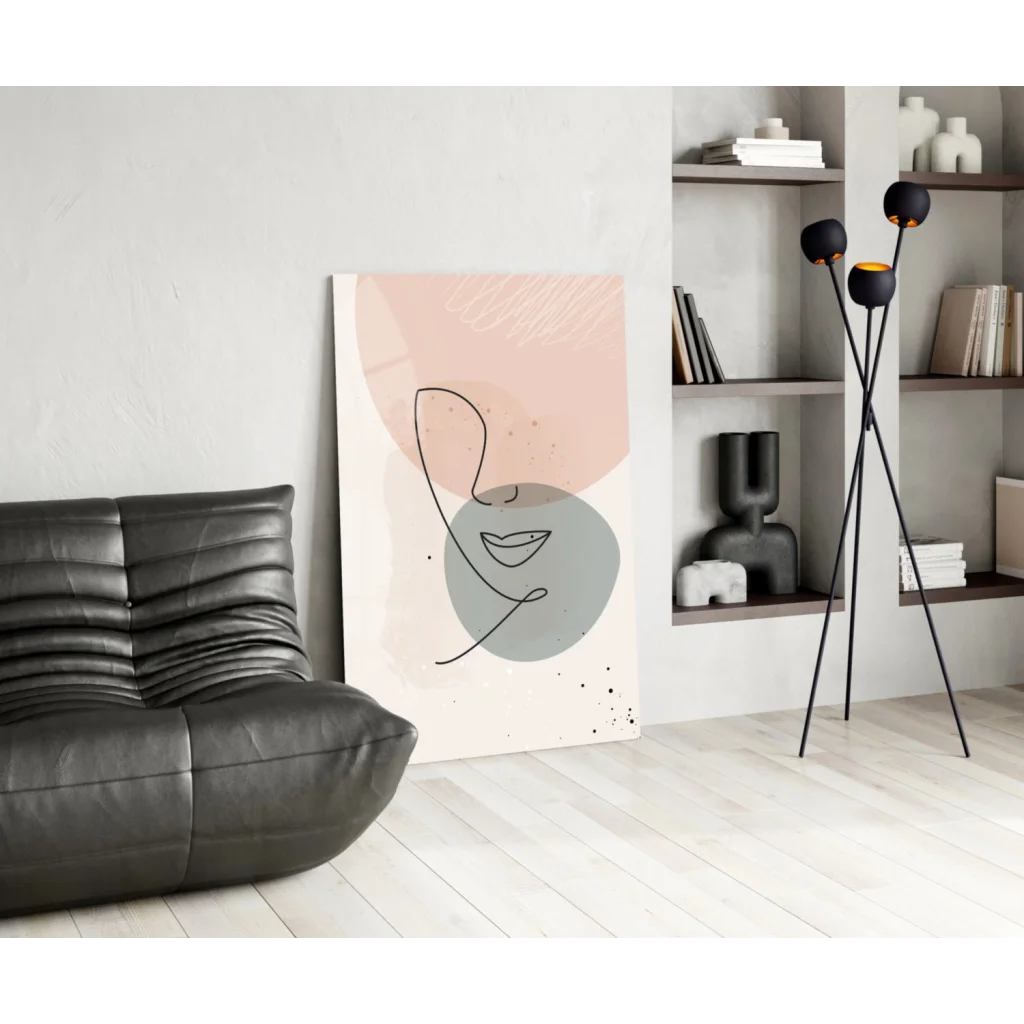 Blush Abstract Face glass wall art panel with minimalist pink gray face