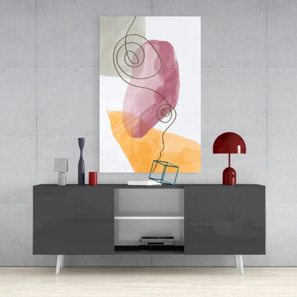 Blush watercolor glass wall art with pink orange washes and black lines