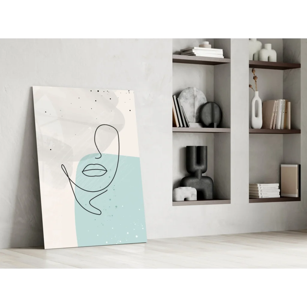 Minimalist abstract face glass wall art on cream and light blue background