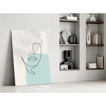 Minimalist abstract face glass wall art on cream and light blue background