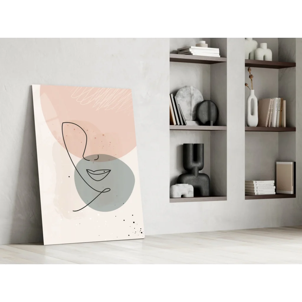 Blush Abstract Face glass wall art panel with pink gray shapes