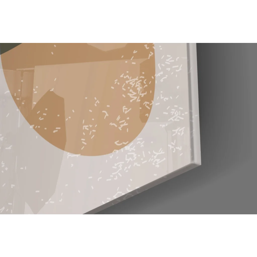 Minimalist beige circle glass wall art with white speckles on gray background