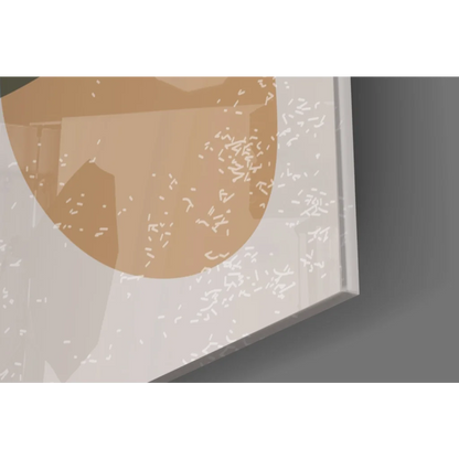 Minimalist beige circle glass wall art with white speckles on gray background