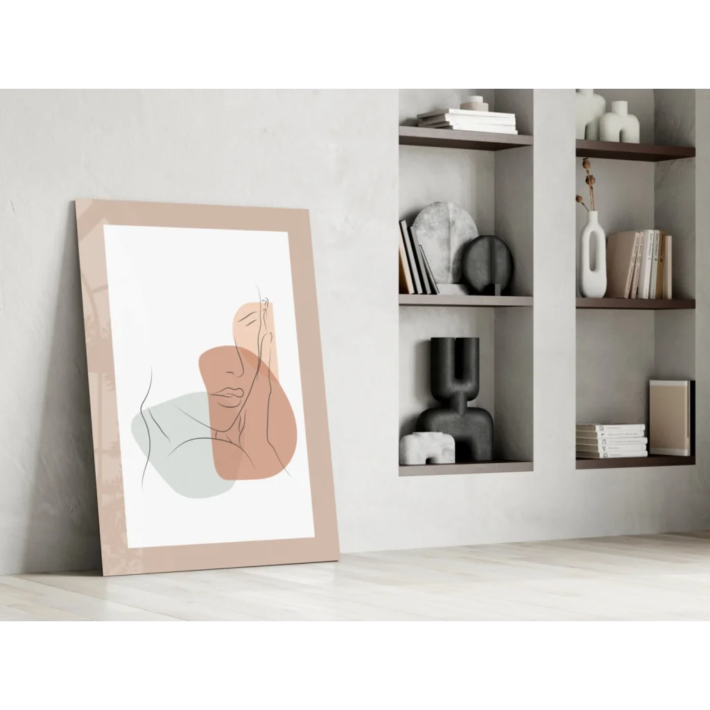 Peach and green abstract face wall art print in beige frame