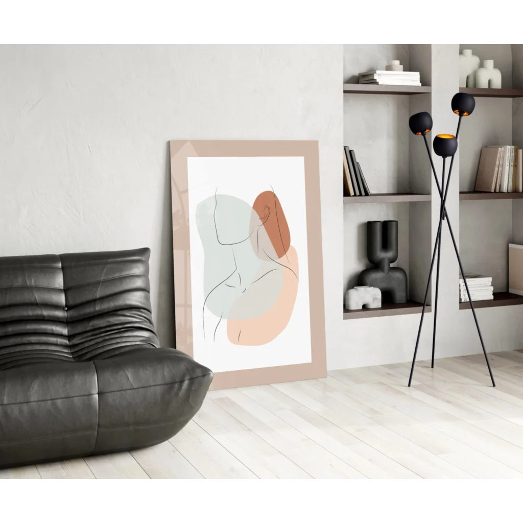 Minimalist pastel abstract wall art print in beige frame with flowing lines