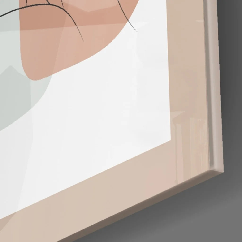 Minimalist peach and green abstract face wall art print in light beige frame