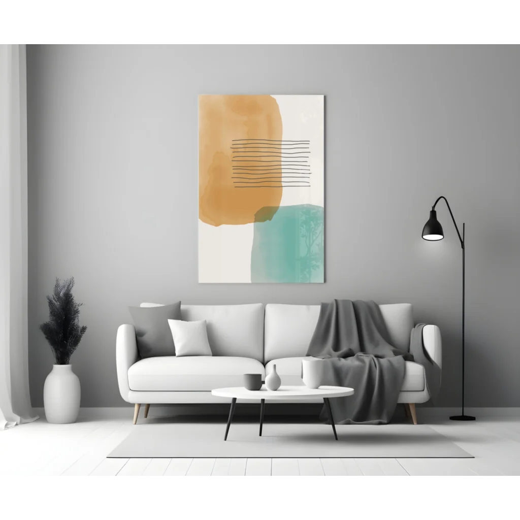 Stunning teal and amber abstract wall art canvas with ochre watercolor wash and minimalist black lines on cream background
