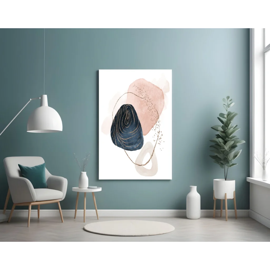 Abstract navy blue and blush pink wall art canvas with gold accents