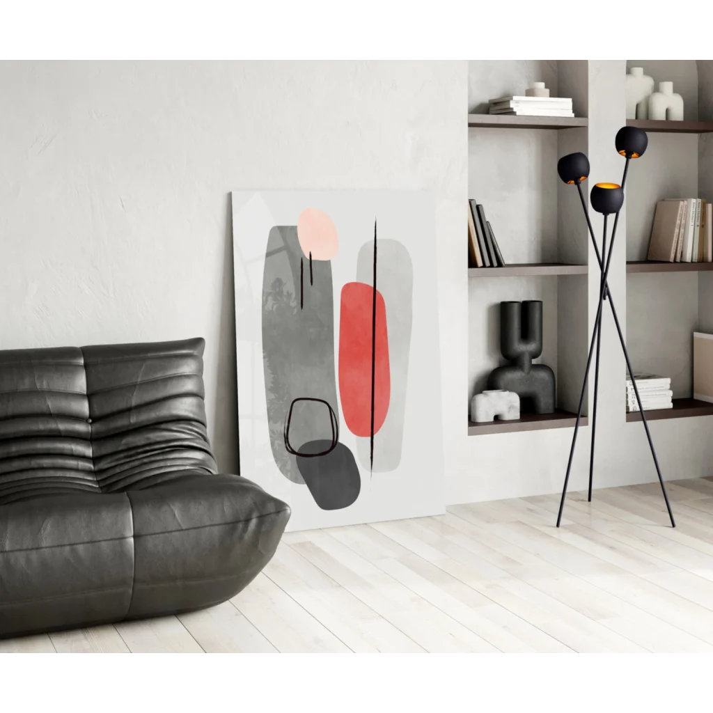 Modern abstract glass wall art with red, gray, black geometric shapes