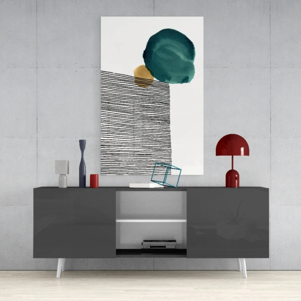 Teal gold circle glass wall art with bold stripes