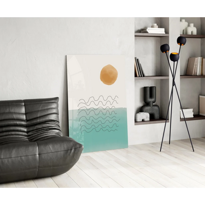 Modern glass wall art with orange circle over teal waves on white
